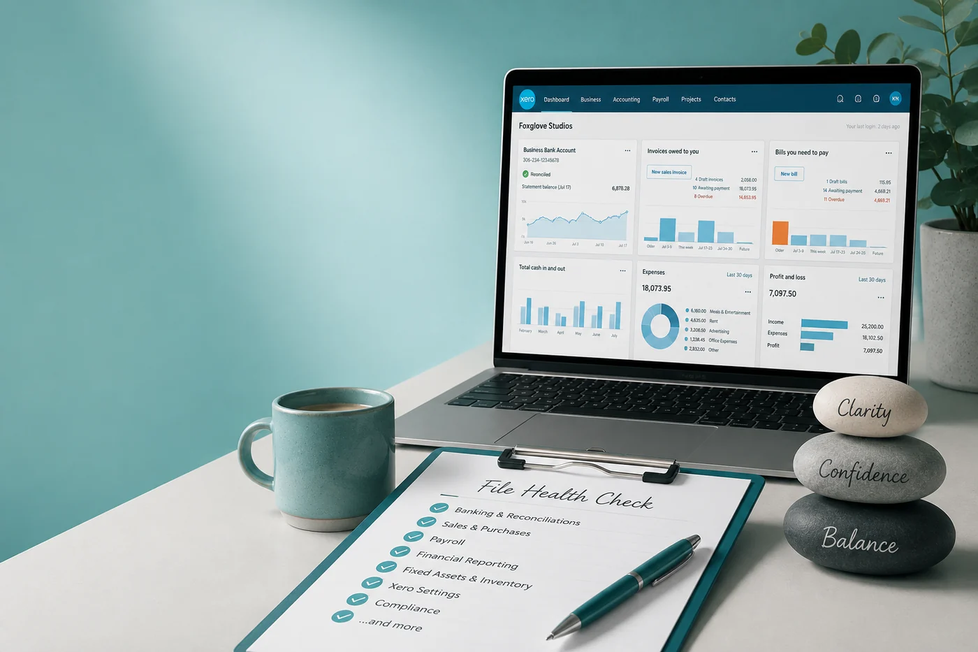 File Health Check checklist beside a laptop showing an accounting dashboard