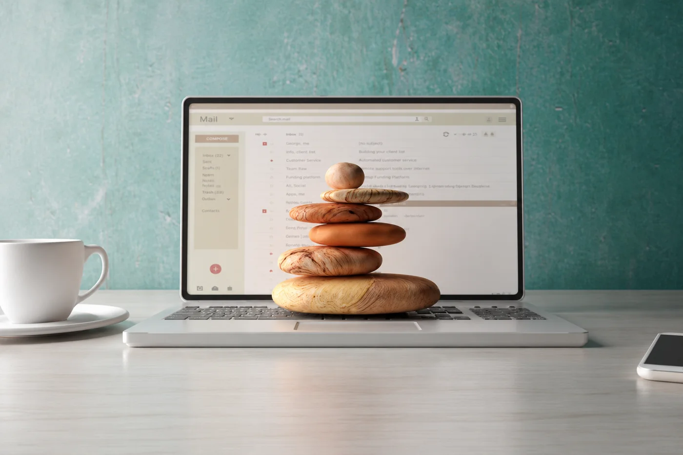 Balanced stones on a laptop in a calm workspace
